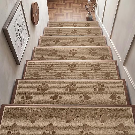 DEXDE Stair Treads for Wooden Steps Non-Slip Stair Runner, 15pcs Beige | Non Slip Backing Carpet Stair Treads Indoor, Soft Washable 30x8 Stair Rugs Self-Adhesive Staircase Rugs for Kids Pets Elders