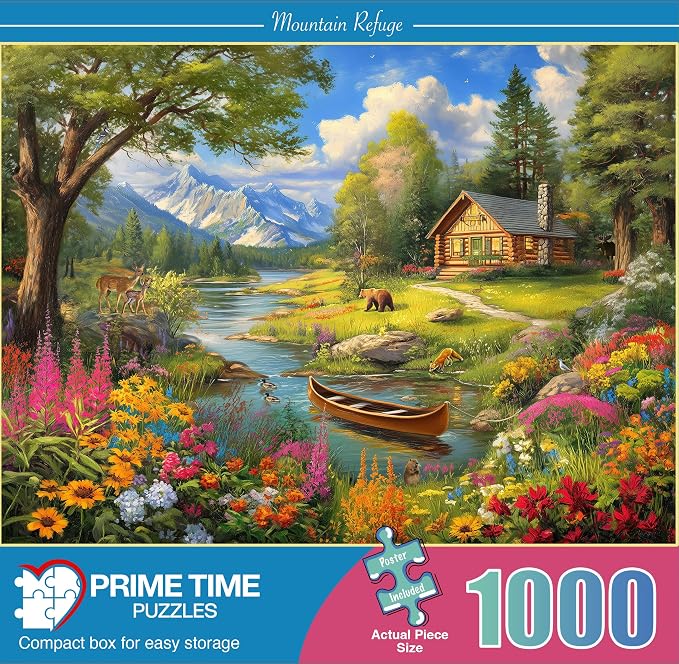 Adult Jigsaw Puzzle Log Cabin Mountain Lake | 1,000 piece challenging puzzle of a wildlife floral landscape with a canoe. Suitable on a table, puzzleboard, or floor.