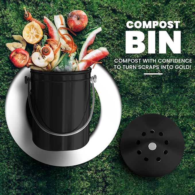 Utopia Kitchen Countertop Compost Bin 1.3 Gallon, Stainless Steel, Black | Odorless countertop compost bin with charcoal filter, ideal for food scraps and waste