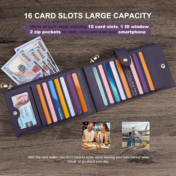 Travelambo RFID Wallet Women Large Size Bifold Multi Card Wallet Case with Zipper Pocke Credit Card Holder for Women