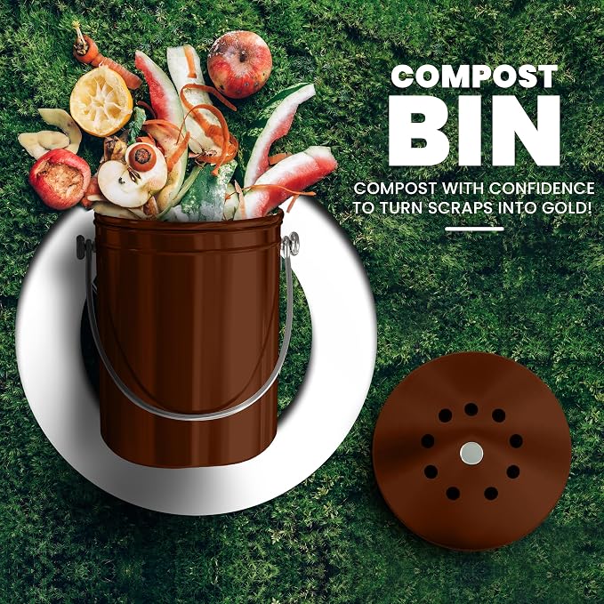 Utopia Kitchen Countertop Compost Bin 1.3 Gallon, Stainless Steel, Copper | Odorless countertop compost bin with charcoal filter, ideal for food scraps and waste