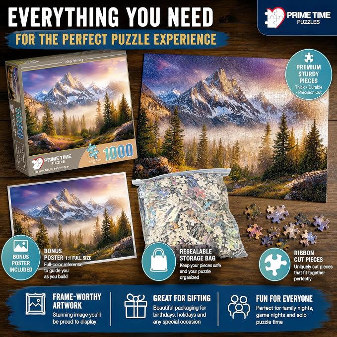 Adult Jigsaw Puzzle Foggy Mountain 1000 Piece | 20x27 inches. Features a majestic nature landscape scene, Great for game nights on a table, puzzleboard, or floor.