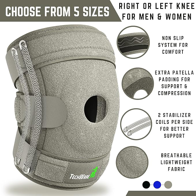 TechWare Pro Knee Brace Support - Knee Braces for Knee Pain. Relieves ACL, LCL, MCL, Meniscus Tear, Arthritis, Tendonitis Pain. Dual Stabilizers Non Slip Neoprene. Adjustable Bi-Directional Straps -5 Sizes