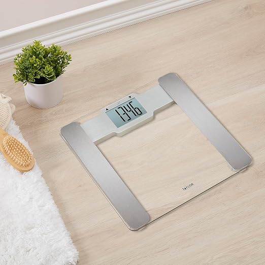 Taylor Digital Glass Bathroom Scale with Body Fat, Body Water and Muscle Mass Analysis - Clear Tempered Glass Platform, 400 lb Capacity, Large Display, Stainless Steel Accents