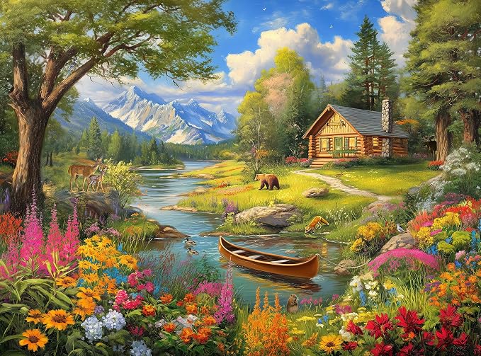 Adult Jigsaw Puzzle Log Cabin Mountain Lake | 1,000 piece challenging puzzle of a wildlife floral landscape with a canoe. Suitable on a table, puzzleboard, or floor.