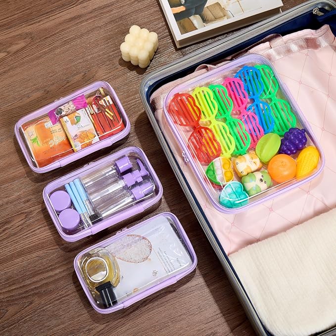 4 pcs Clear Zipper Pouches,Hard Shell Zipper Case, Toiletry Bag for Travel | CLear Diaper Bag, Toiletry Pouch, Travel Organizer, Cosmetic Bag,Toy Storage Bins (M+3S) (Lavender)