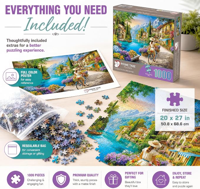 Adult Jigsaw Puzzle 1000 Piece Italian Daydream | Features a woman on a bicycle along the Mediterranean coast in Italy. Finished size is 20x27 inches. Great for game nights.