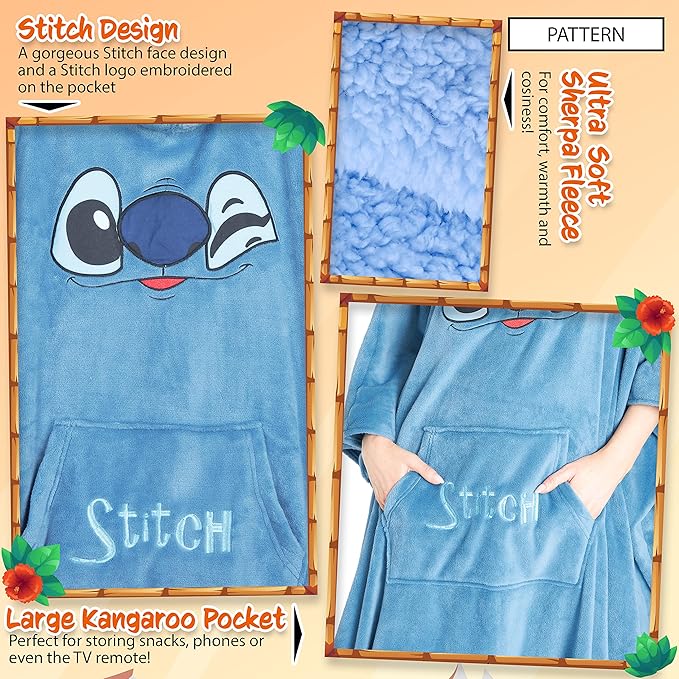 Disney Stitch Blanket Hoodie for Women Teens, Wearable Oversized Fleece Hooded Poncho with Pocket, Cozy Gifts for Women
