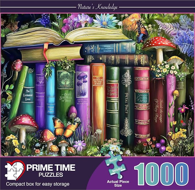 Adult Jigsaw Puzzle 1000 Piece Books | Magic Butterfly Library scene with mushrooms, books, and wildflowers. Suitable on a table, puzzleboard, or floor.