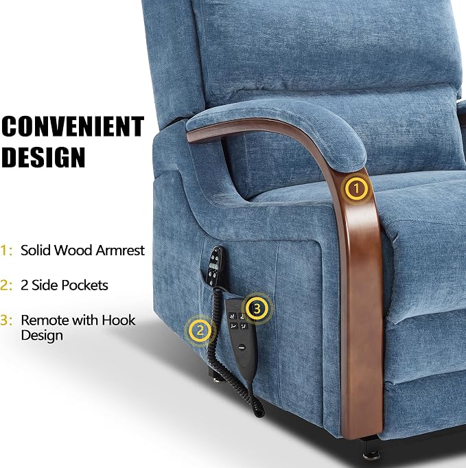 Power Lift Recliner Chair for Elderly People, Dual Motor Lift Chair with Vibration Massage and Heat, Lay Flat Recliner with Solid Wood Armrest, Standing Assistance Reclining, Chenille Fabric Blue