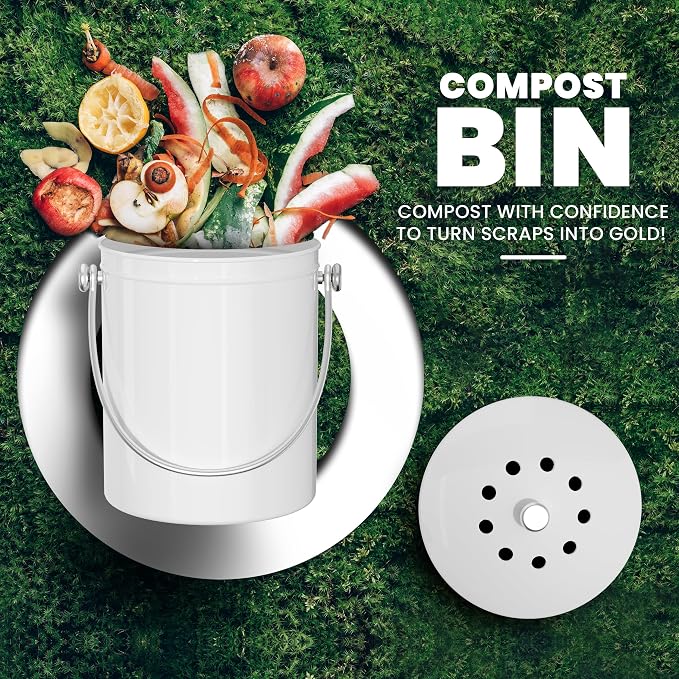 Utopia Kitchen Countertop Compost Bin 1.3 Gallon, Stainless Steel, White | Odorless countertop compost bin with charcoal filter, ideal for food scraps and waste