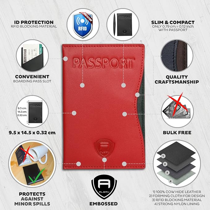 Alban RFID Passport Holder for Women & Men, Genuine Leather Passport Cover | RFID blocking design helps protect personal information while traveling, Slim genuine leather case for travel essentials