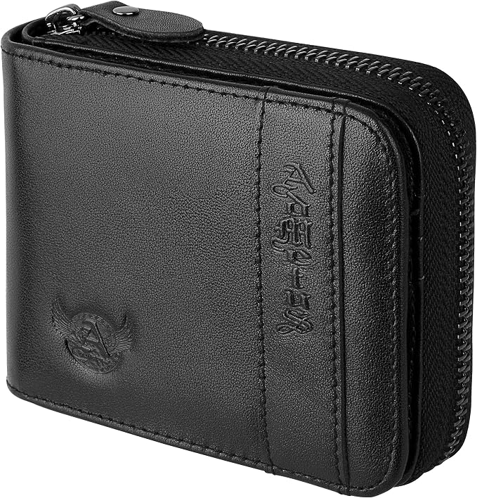 Admetus Mens Zipper Wallet Leather RFID Blocking Card Holder Zip Bifold | genuine leather,gift box packaging, ID window, 12 card slots,zip around