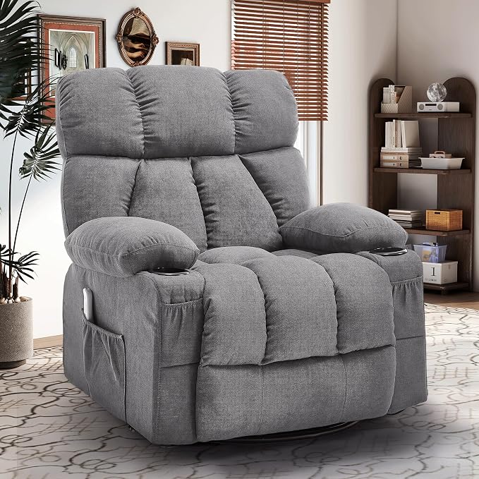 Oversized Massage Swivel Rocker Recliner Chair with Heat and Vibration Rocking Lounge Chair for Living Room Comfy Overstuffed Recliner with 4 Side Pockets,2 Cup Holders, USB Charge Port, Grey