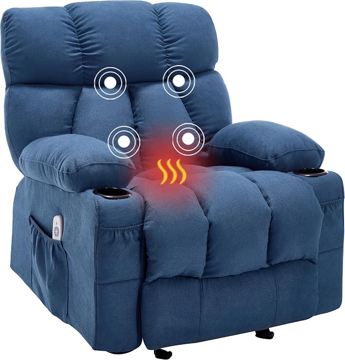 Massage Rocker Recliner Chair with Heat and Vibration Ergonomic Rocking Lounge Chair for Living Room Comfy Overstuffed Recliner with 4 Side Pockets, 2 Cup Holders, Blue