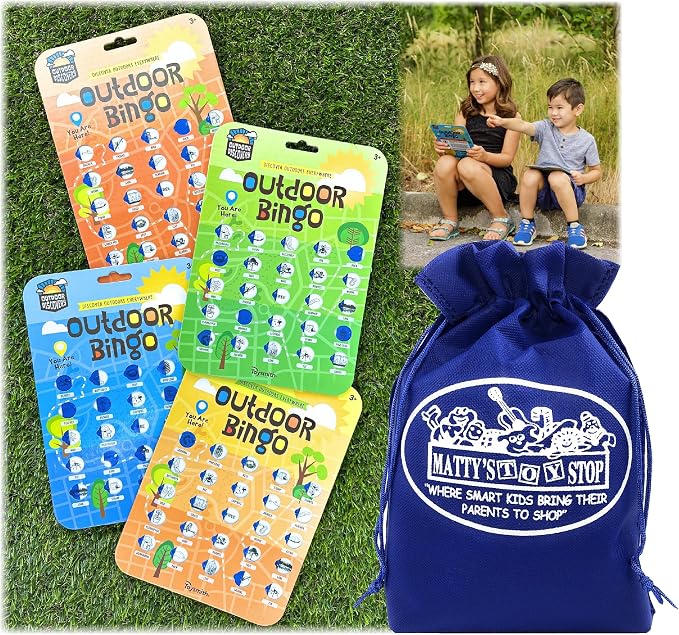 Matty's Toy Stop Toysmith Reusable Outdoor Bingo Cards (Yellow, Blue, Green & Orange) with Bonus Storage Bag - 4 Pack