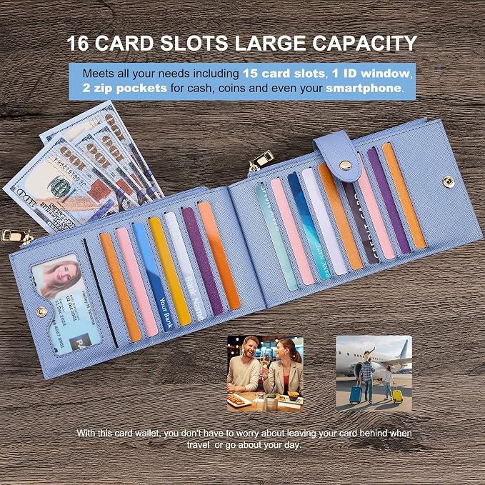 Travelambo RFID Wallet Women Large Size Bifold Multi Card Wallet Case with Zipper Pocke Credit Card Holder for Women