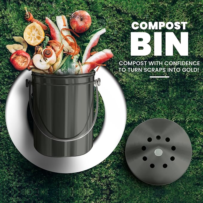 Utopia Kitchen Countertop Compost Bin 1.3 Gallon, Stainless Steel, Grey | Odorless countertop compost bin with charcoal filter, ideal for food scraps and waste