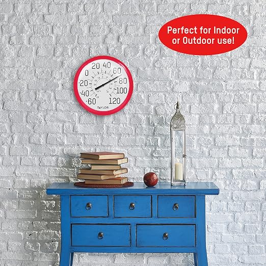 Taylor Big and Bold Wall Dial Thermometer, Indoor Outdoor Thermometer, Wireless Thermometer with Easy to Read Numbers for Patio, Pool, Garage and Indoor Areas, 13.25-inch, Red
