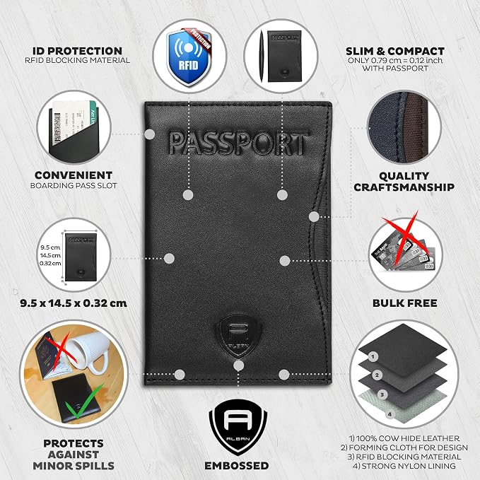 Alban RFID Passport Holder for Women & Men, Genuine Leather Passport Cover | RFID blocking design helps protect personal information while traveling, Slim genuine leather case for travel essentials