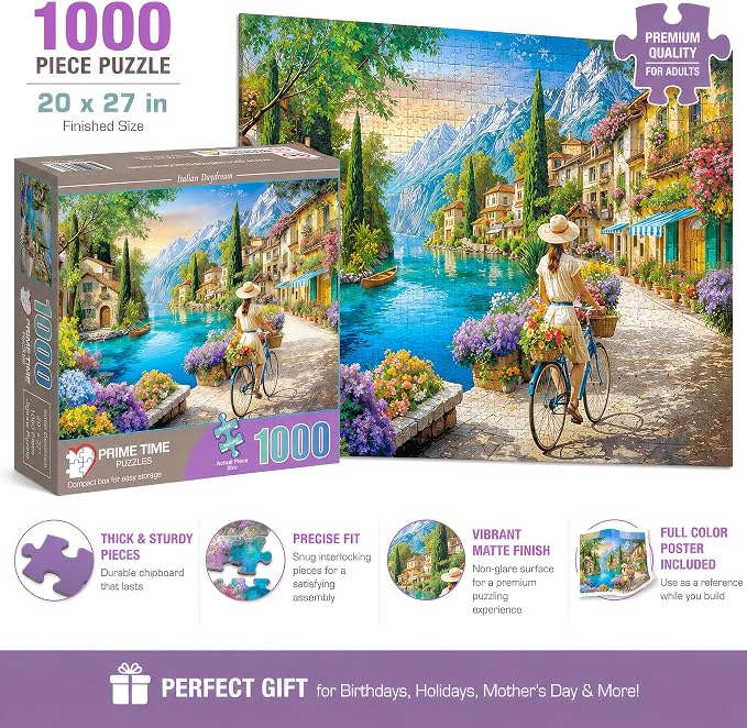 Adult Jigsaw Puzzle 1000 Piece Italian Daydream | Features a woman on a bicycle along the Mediterranean coast in Italy. Finished size is 20x27 inches. Great for game nights.