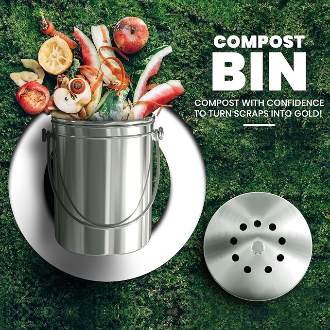 Utopia Kitchen Countertop Compost Bin 1 Gallon, Stainless Steel, Silver | Odorless countertop compost bin with charcoal filter, ideal for food scraps and waste