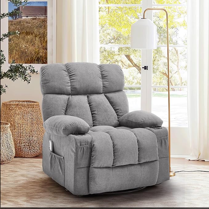 Oversized Massage Swivel Rocker Recliner Chair with Heat and Vibration Rocking Lounge Chair for Living Room Comfy Overstuffed Recliner with 4 Side Pockets,2 Cup Holders, USB Charge Port, Grey