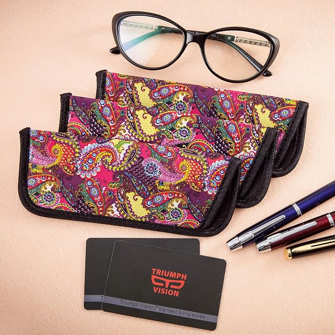 TRIUMPH VISION 3 Pack Reading Glasses Pouch Soft Case Eyeglass Sleeve Slim | Alternative to Bulky Case in bag, Lightweight Lined Padded Protect Optical lens Slip in, Cute Pattern Portable for Daily Use