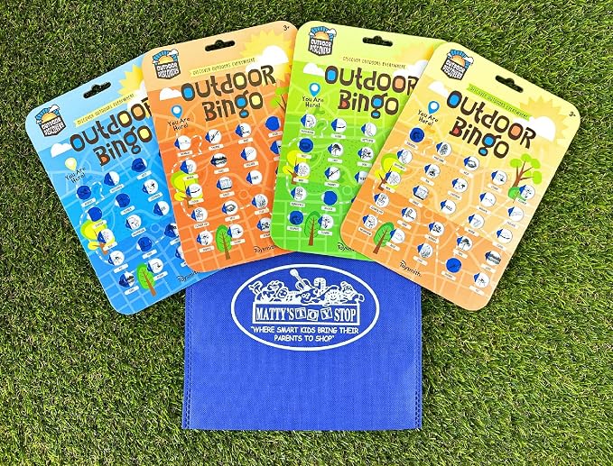 Matty's Toy Stop Toysmith Reusable Outdoor Bingo Cards (Yellow, Blue, Green & Orange) with Bonus Storage Bag - 4 Pack