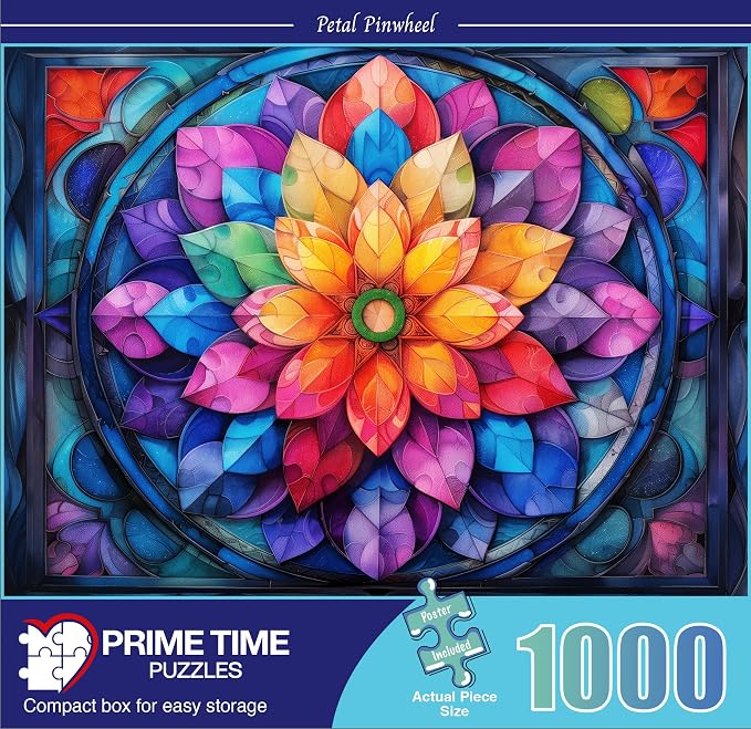 Adult Jigsaw Puzzle 1000 Piece Stained Glass | Colorful mandala flower geometric design. Great for game nights on a table, puzzleboard, or floor.