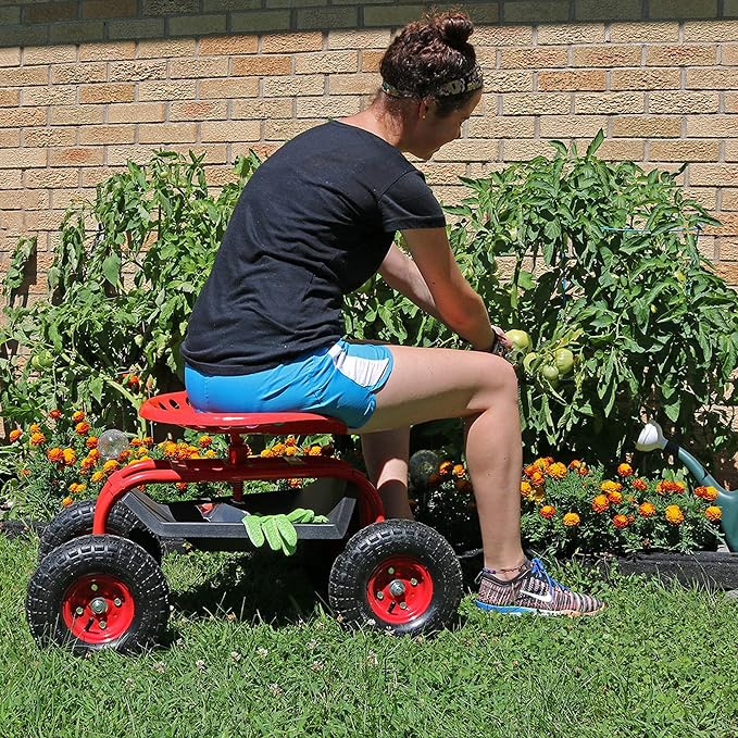Sunnydaze Rolling Garden Cart with Swivel Seat and Storage, Red | Steel Rolling Gardening Seat with Utility Tray, and Basket for Storage, Rotating, Swiveling Motion
