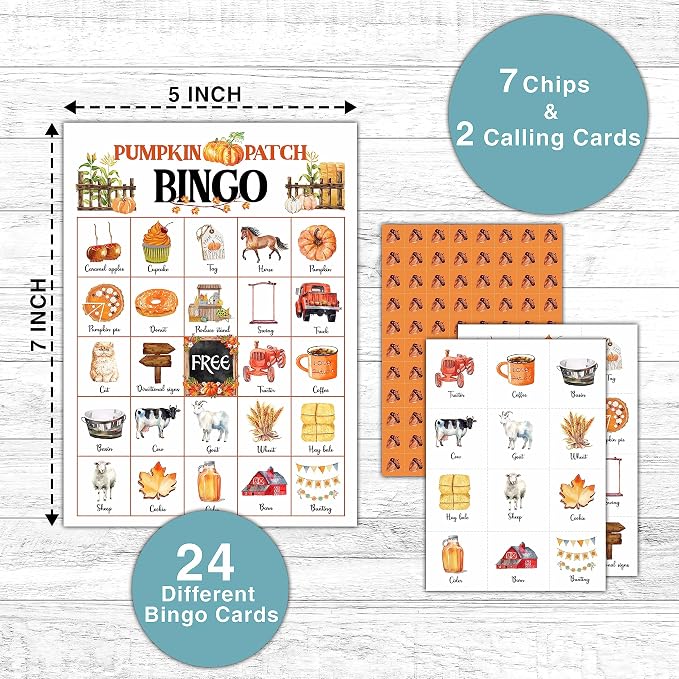 Pumpkin Bingo Game - Fall Harvest Bingo Card - 24 Players Bingo Game Set Indoor Outdoor Activities - Halloween, Thankgiving Party Favors Supplies -A10
